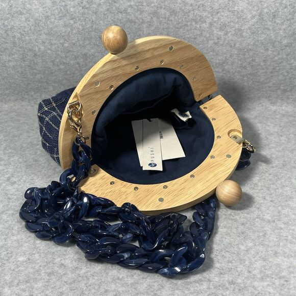 Pushi Blue Tweed Timber Handle Frame Clutch Detachable Strap Magnetic Closure - Picture 7 of 16